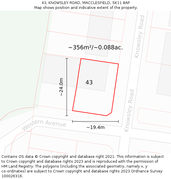 43, KNOWSLEY ROAD, MACCLESFIELD, SK11 8AP: Plot and title map