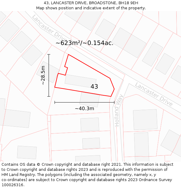 43, LANCASTER DRIVE, BROADSTONE, BH18 9EH: Plot and title map