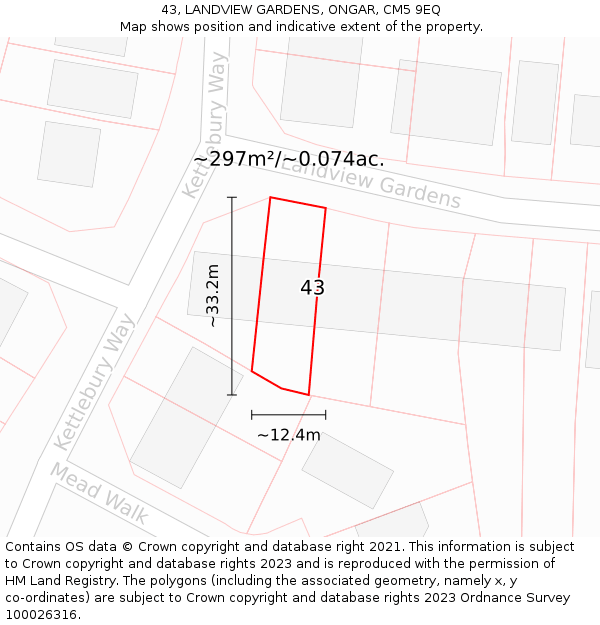 43, LANDVIEW GARDENS, ONGAR, CM5 9EQ: Plot and title map