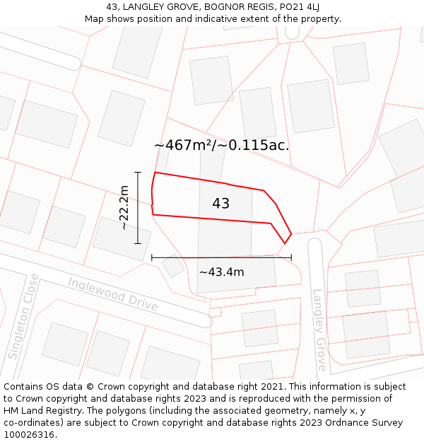 43, LANGLEY GROVE, BOGNOR REGIS, PO21 4LJ: Plot and title map