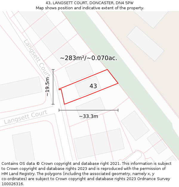 43, LANGSETT COURT, DONCASTER, DN4 5PW: Plot and title map