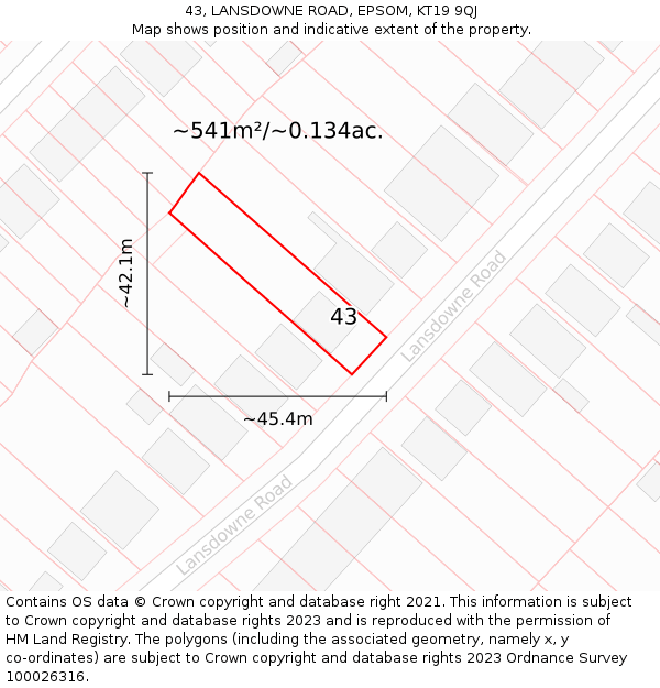 43, LANSDOWNE ROAD, EPSOM, KT19 9QJ: Plot and title map