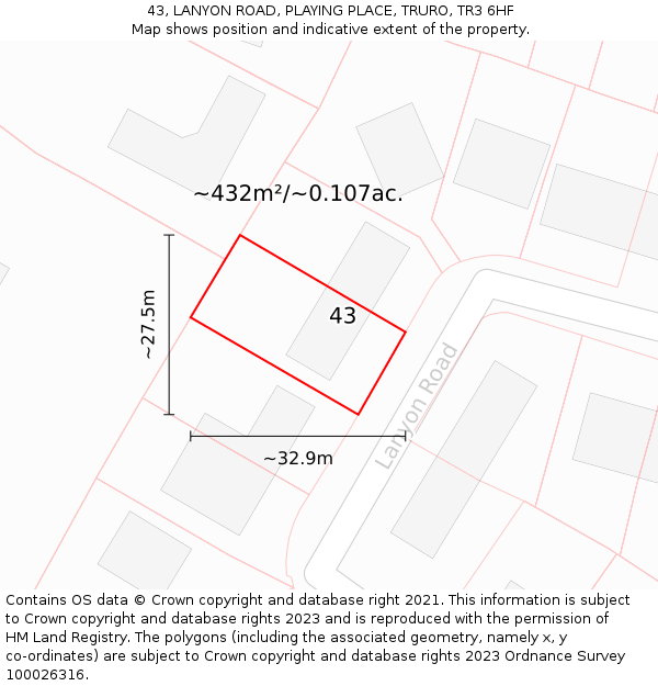 43, LANYON ROAD, PLAYING PLACE, TRURO, TR3 6HF: Plot and title map