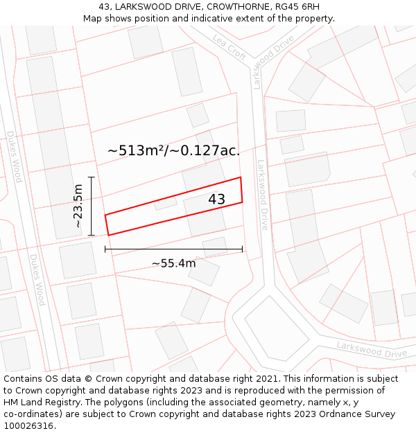 43, LARKSWOOD DRIVE, CROWTHORNE, RG45 6RH: Plot and title map