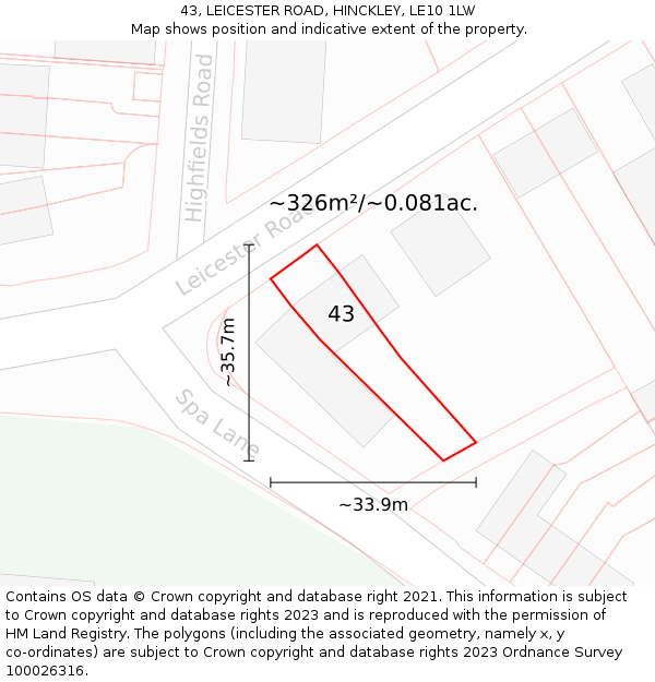 43, LEICESTER ROAD, HINCKLEY, LE10 1LW: Plot and title map