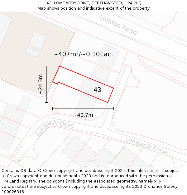 43, LOMBARDY DRIVE, BERKHAMSTED, HP4 2LQ: Plot and title map