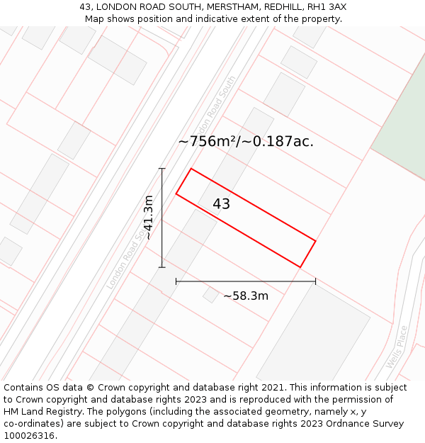 43, LONDON ROAD SOUTH, MERSTHAM, REDHILL, RH1 3AX: Plot and title map