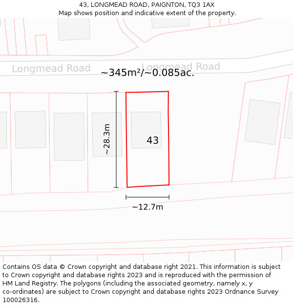 43, LONGMEAD ROAD, PAIGNTON, TQ3 1AX: Plot and title map