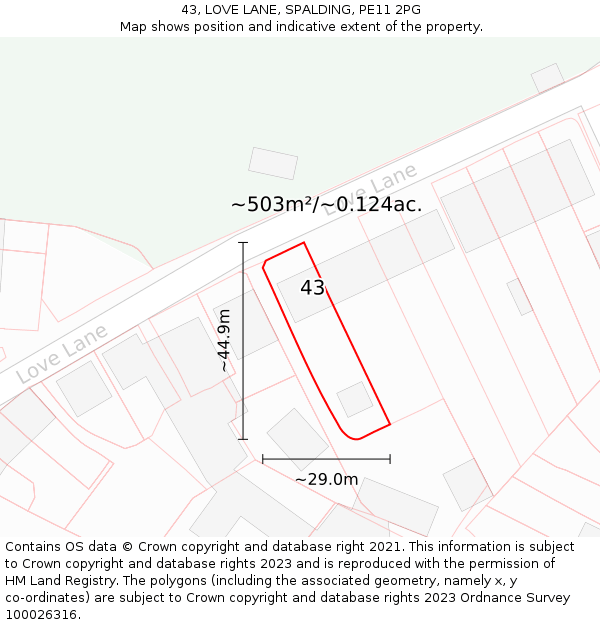 43, LOVE LANE, SPALDING, PE11 2PG: Plot and title map