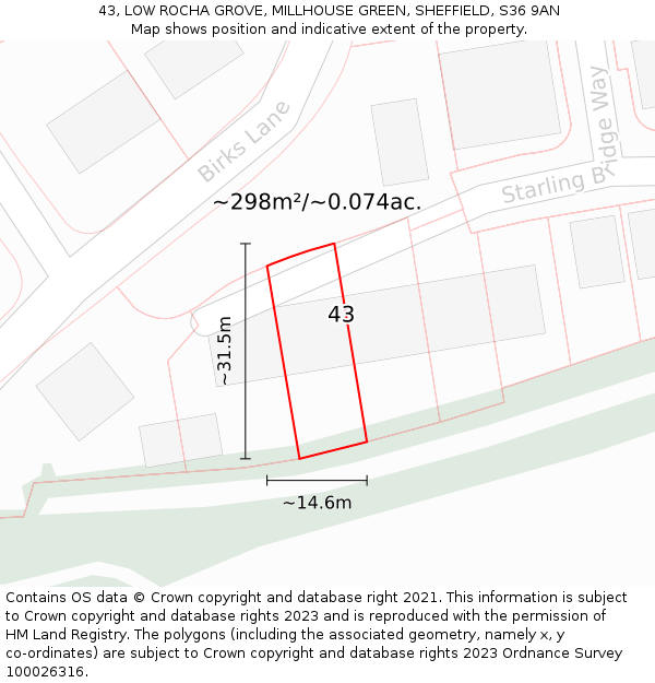 43, LOW ROCHA GROVE, MILLHOUSE GREEN, SHEFFIELD, S36 9AN: Plot and title map