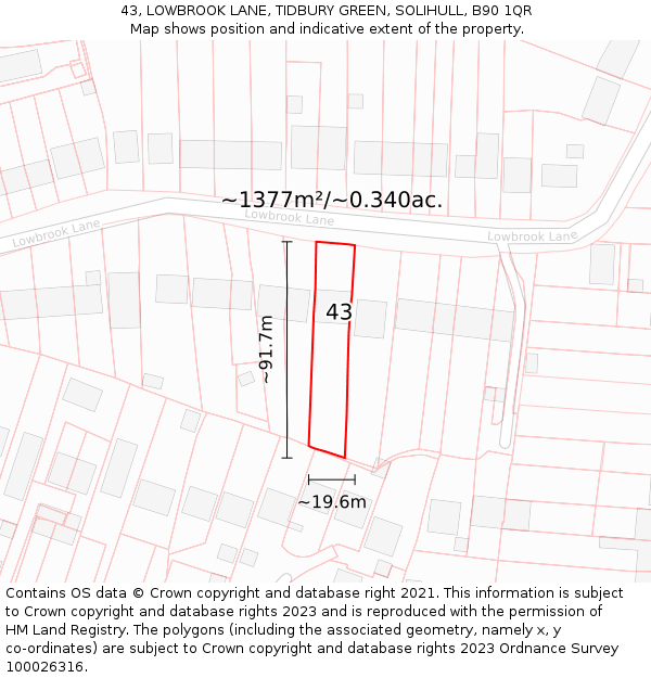 43, LOWBROOK LANE, TIDBURY GREEN, SOLIHULL, B90 1QR: Plot and title map