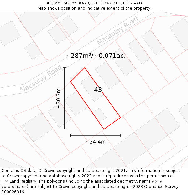 43, MACAULAY ROAD, LUTTERWORTH, LE17 4XB: Plot and title map