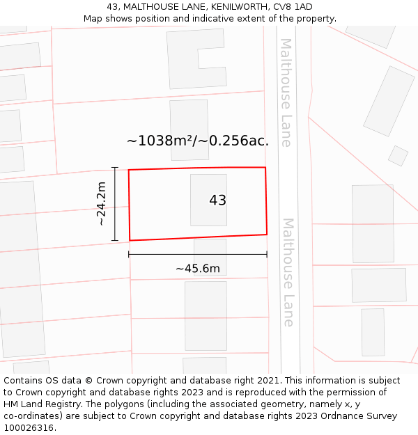 43, MALTHOUSE LANE, KENILWORTH, CV8 1AD: Plot and title map