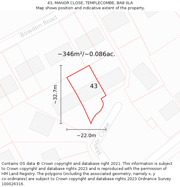 43, MANOR CLOSE, TEMPLECOMBE, BA8 0LA: Plot and title map