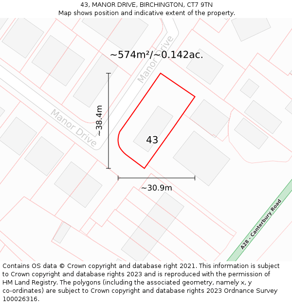 43, MANOR DRIVE, BIRCHINGTON, CT7 9TN: Plot and title map