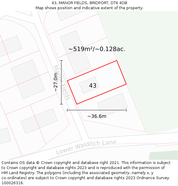43, MANOR FIELDS, BRIDPORT, DT6 4DB: Plot and title map