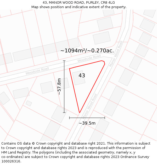 43, MANOR WOOD ROAD, PURLEY, CR8 4LG: Plot and title map