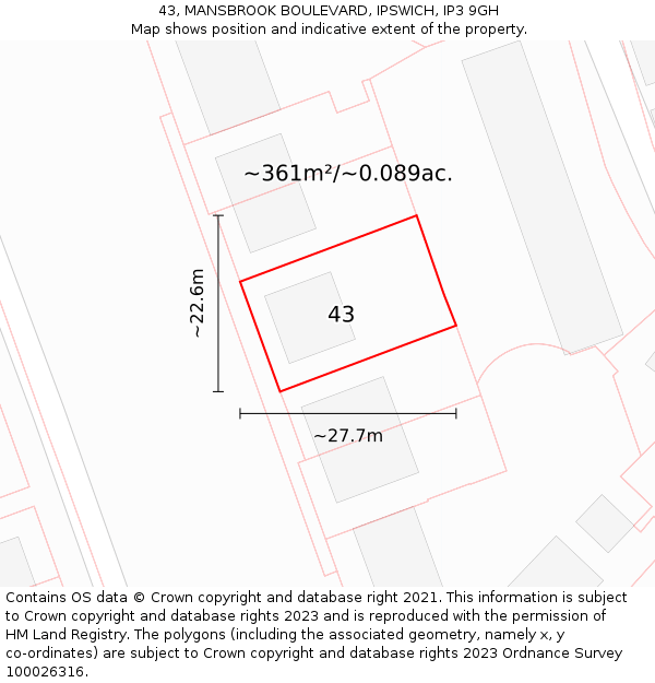 43, MANSBROOK BOULEVARD, IPSWICH, IP3 9GH: Plot and title map