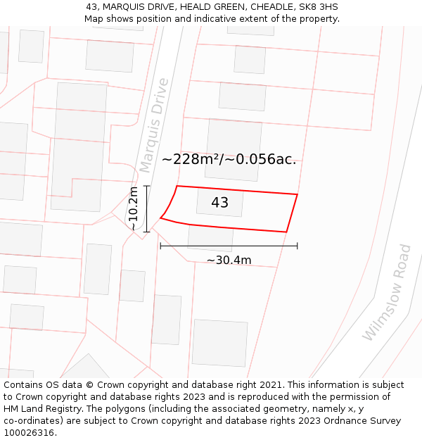 43, MARQUIS DRIVE, HEALD GREEN, CHEADLE, SK8 3HS: Plot and title map