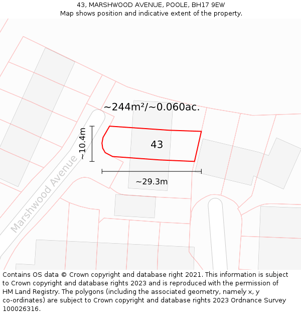 43, MARSHWOOD AVENUE, POOLE, BH17 9EW: Plot and title map