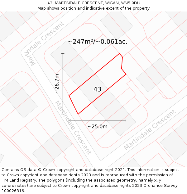 43, MARTINDALE CRESCENT, WIGAN, WN5 9DU: Plot and title map