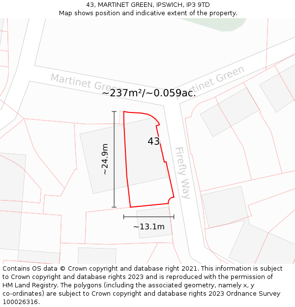 43, MARTINET GREEN, IPSWICH, IP3 9TD: Plot and title map