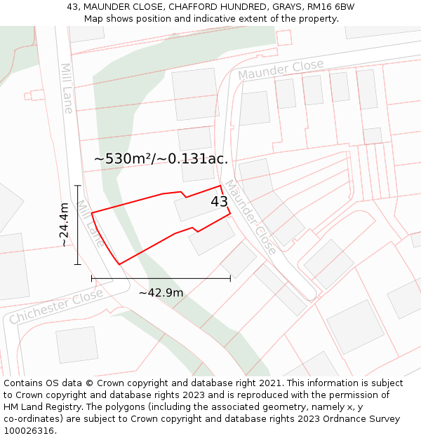 43, MAUNDER CLOSE, CHAFFORD HUNDRED, GRAYS, RM16 6BW: Plot and title map