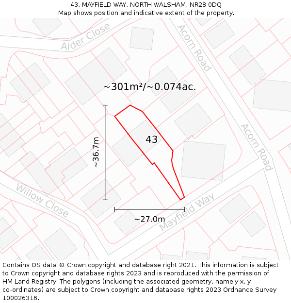 43, MAYFIELD WAY, NORTH WALSHAM, NR28 0DQ: Plot and title map