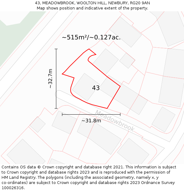 43, MEADOWBROOK, WOOLTON HILL, NEWBURY, RG20 9AN: Plot and title map