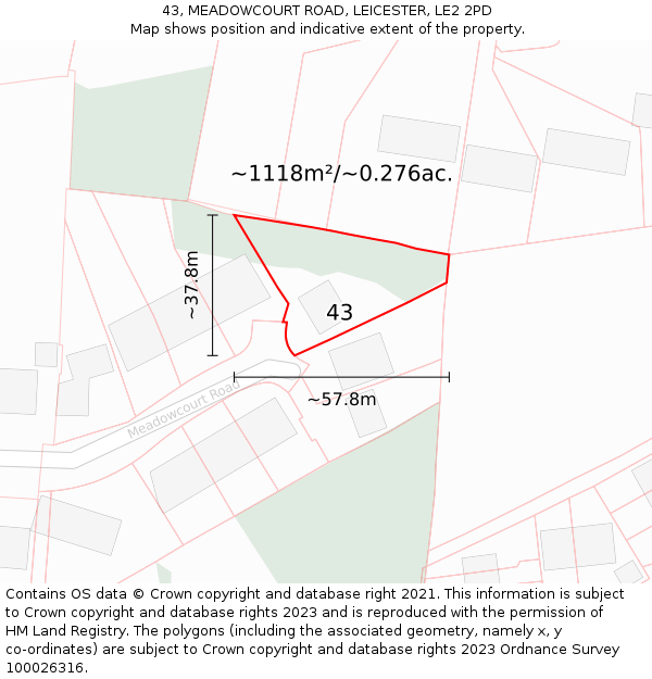 43, MEADOWCOURT ROAD, LEICESTER, LE2 2PD: Plot and title map