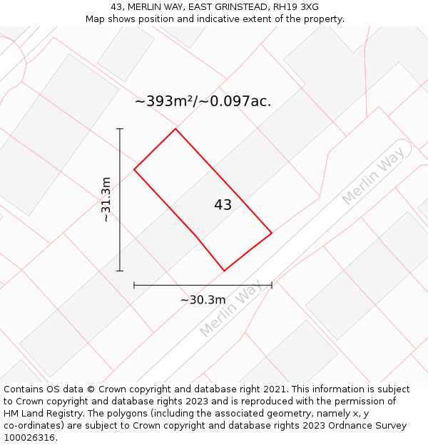 43, MERLIN WAY, EAST GRINSTEAD, RH19 3XG: Plot and title map