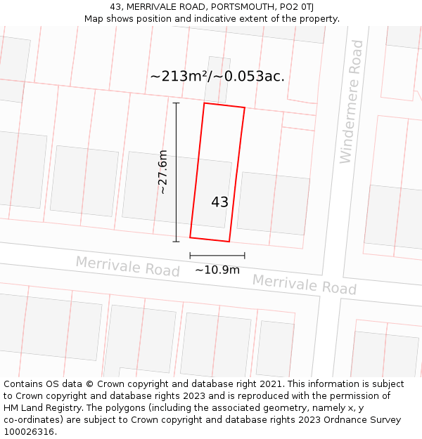 43, MERRIVALE ROAD, PORTSMOUTH, PO2 0TJ: Plot and title map