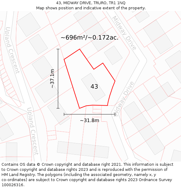 43, MIDWAY DRIVE, TRURO, TR1 1NQ: Plot and title map