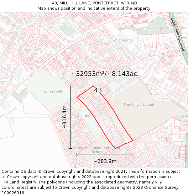 43, MILL HILL LANE, PONTEFRACT, WF8 4JQ: Plot and title map