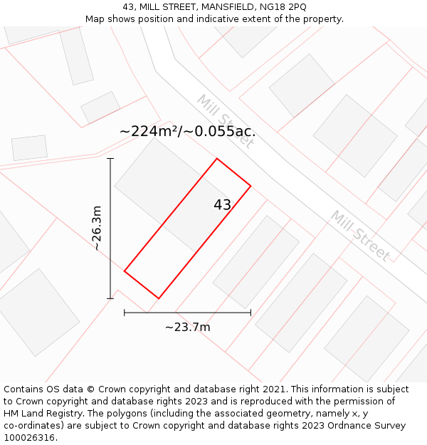 43, MILL STREET, MANSFIELD, NG18 2PQ: Plot and title map