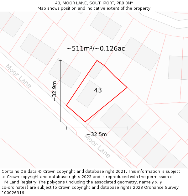 43, MOOR LANE, SOUTHPORT, PR8 3NY: Plot and title map