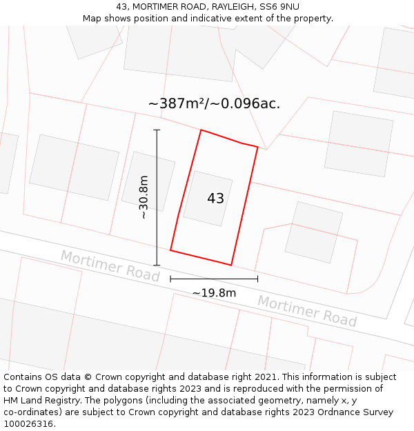 43, MORTIMER ROAD, RAYLEIGH, SS6 9NU: Plot and title map