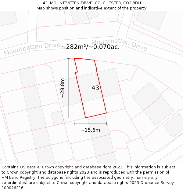 43, MOUNTBATTEN DRIVE, COLCHESTER, CO2 8BH: Plot and title map