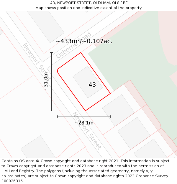 43, NEWPORT STREET, OLDHAM, OL8 1RE: Plot and title map