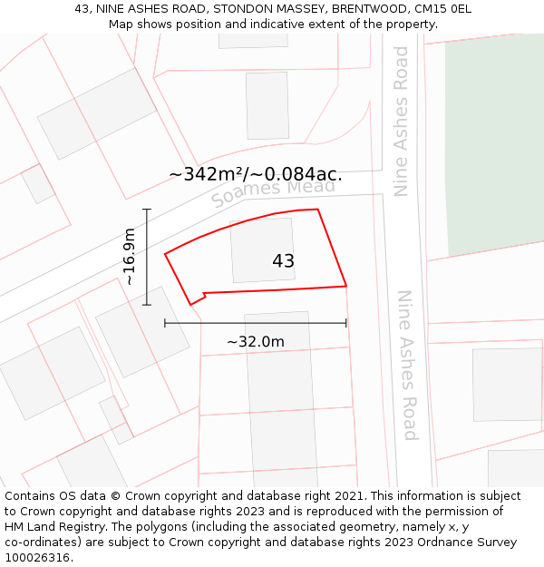43, NINE ASHES ROAD, STONDON MASSEY, BRENTWOOD, CM15 0EL: Plot and title map