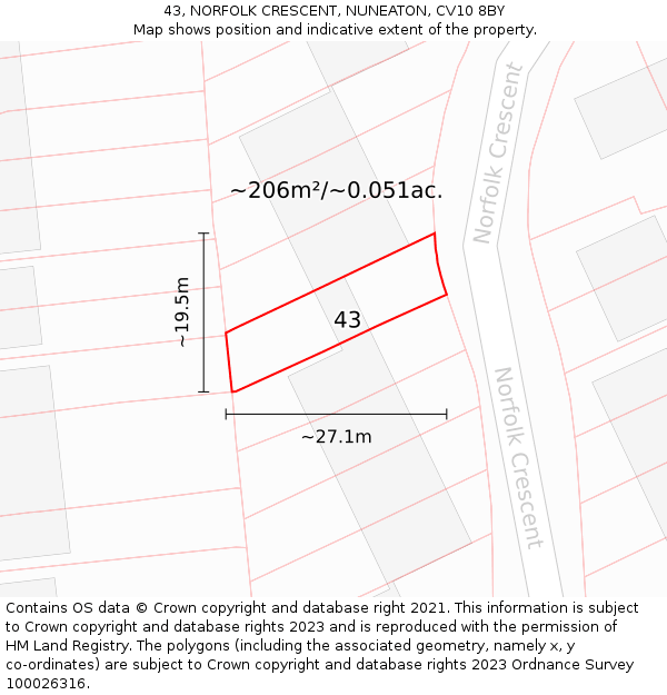 43, NORFOLK CRESCENT, NUNEATON, CV10 8BY: Plot and title map