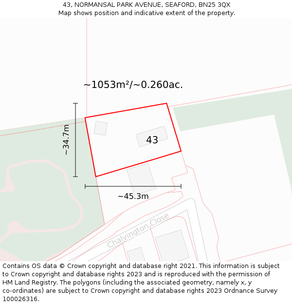 43, NORMANSAL PARK AVENUE, SEAFORD, BN25 3QX: Plot and title map