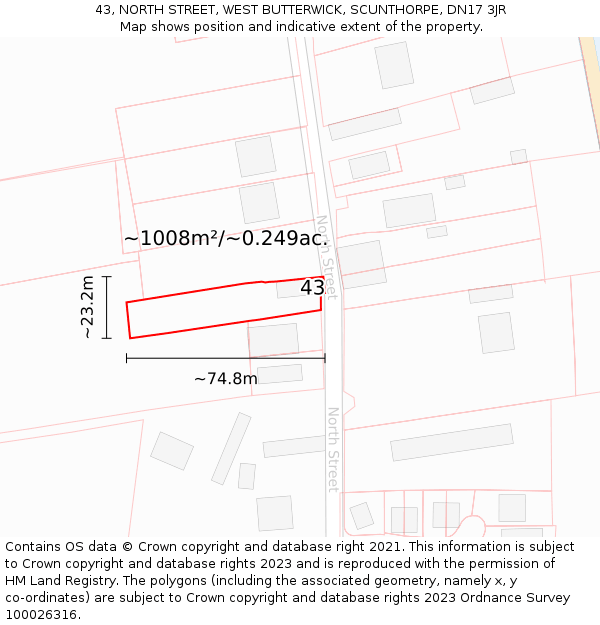 43, NORTH STREET, WEST BUTTERWICK, SCUNTHORPE, DN17 3JR: Plot and title map