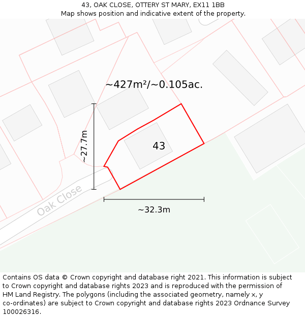 43, OAK CLOSE, OTTERY ST MARY, EX11 1BB: Plot and title map