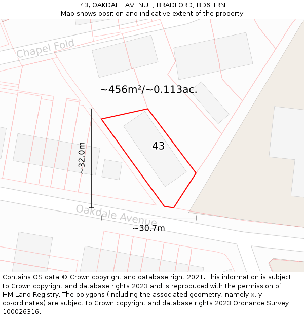 43, OAKDALE AVENUE, BRADFORD, BD6 1RN: Plot and title map