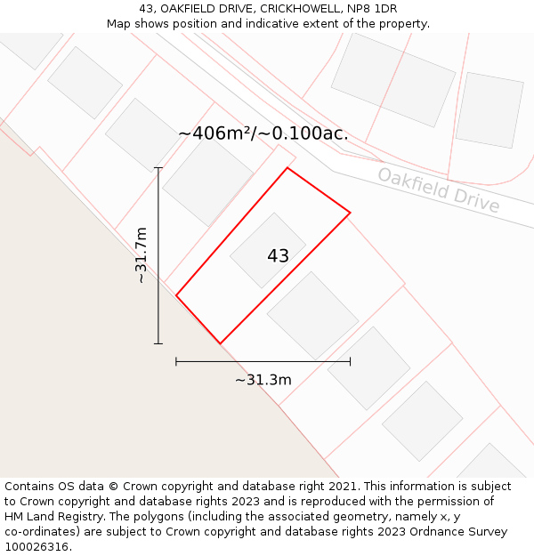 43, OAKFIELD DRIVE, CRICKHOWELL, NP8 1DR: Plot and title map