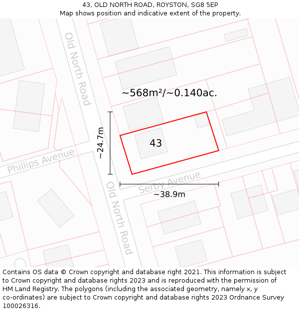 43, OLD NORTH ROAD, ROYSTON, SG8 5EP: Plot and title map