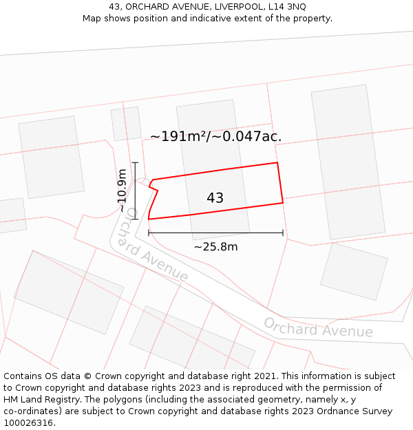 43, ORCHARD AVENUE, LIVERPOOL, L14 3NQ: Plot and title map