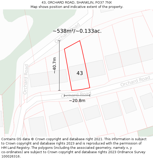 43, ORCHARD ROAD, SHANKLIN, PO37 7NX: Plot and title map