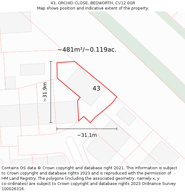 43, ORCHID CLOSE, BEDWORTH, CV12 0GR: Plot and title map